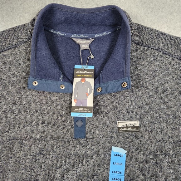 Eddie Bauer Sweater Men Large Gray Navy Blue Snap Fleece Pullover Retro Logo NEW - Picture 4 of 11
